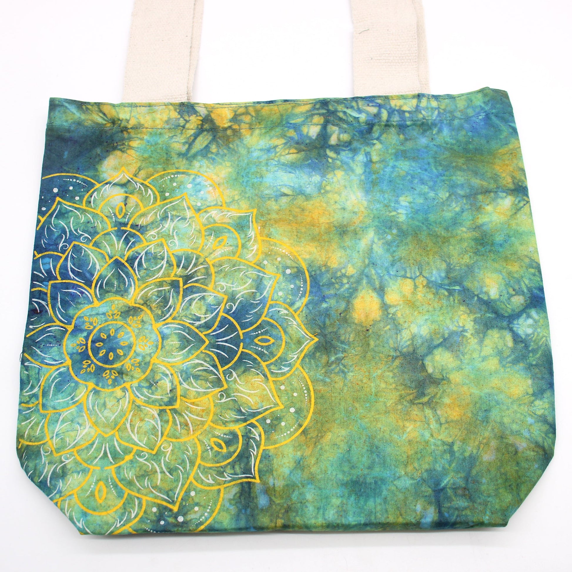 Tie-Dyed Cotton Tote Bag - Mandala - Green and Blue with a large yellow outlined mandala spanning the lower front by Quintessential Holistic Health Ltd