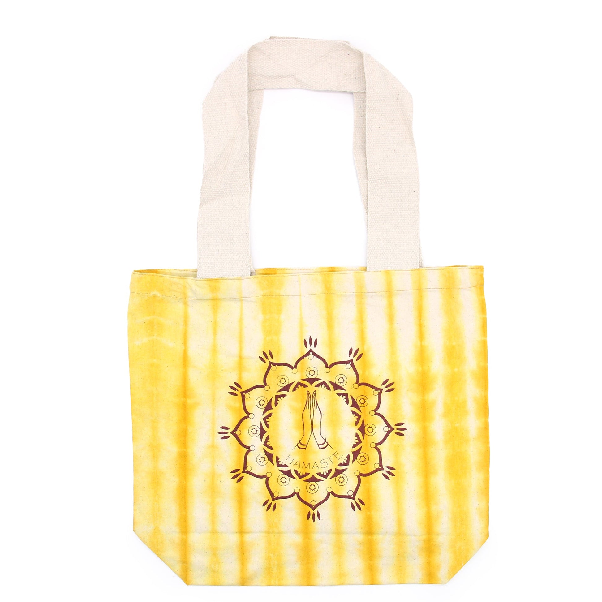 Tie-Dyed Cotton Tote Bag - Namaste Hands - Yellow with vertical yellow stripes and a central hands motif framed by a mandala by Quintessential Holistic Health Ltd