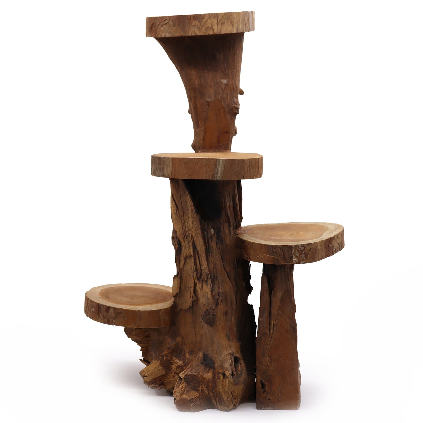 Eco-Friendly Teak 4-Tier Plant and Display Stand - Natural with four round platforms branching from a rustic central trunk by Quintessential Holistic Health Ltd