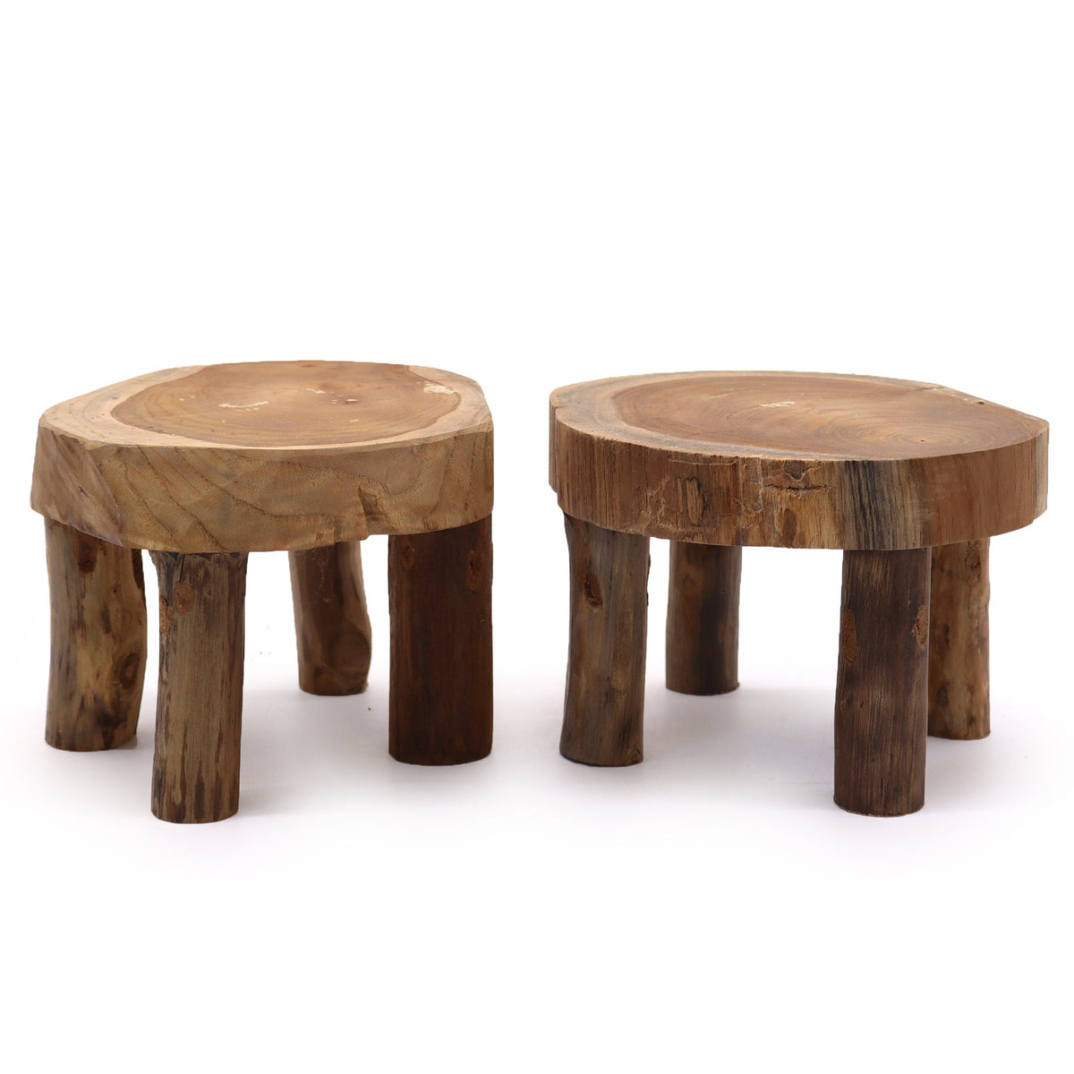 Set of 2 Teak Plant Display Stands - Medium Natural, two low stands with round tops and four short legs each by Quintessential Holistic Health Ltd