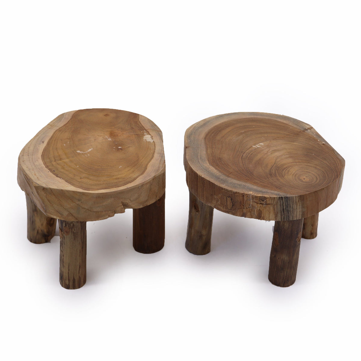 Set of 2 Teak Plant Display Stands - Medium Natural, a pair of low stands with irregular round tops and three visible legs each by Quintessential Holistic Health Ltd