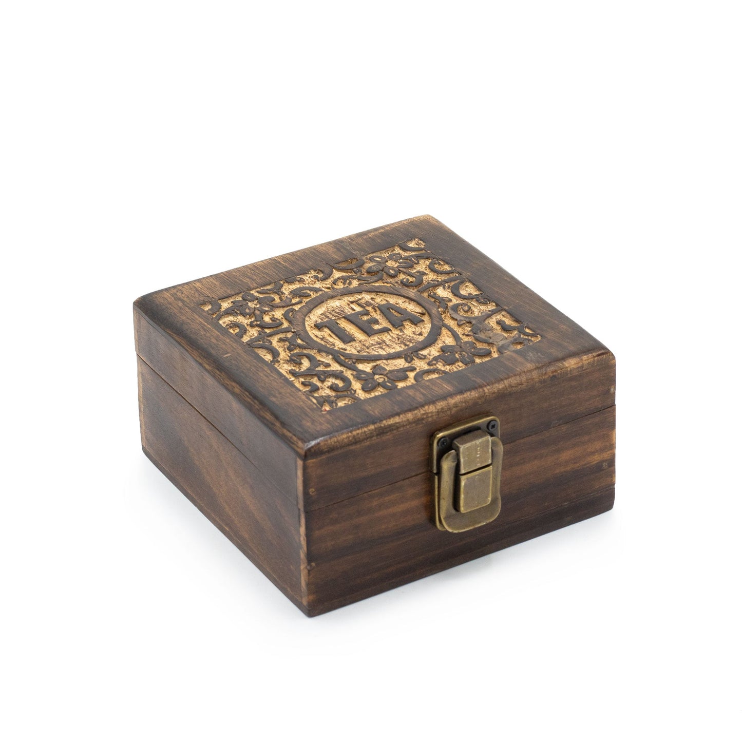 Mango Wood Vintage Style Carved Tea Box with 4 Compartments product packaging on clean background from Quintessential Holistic Health Ltd