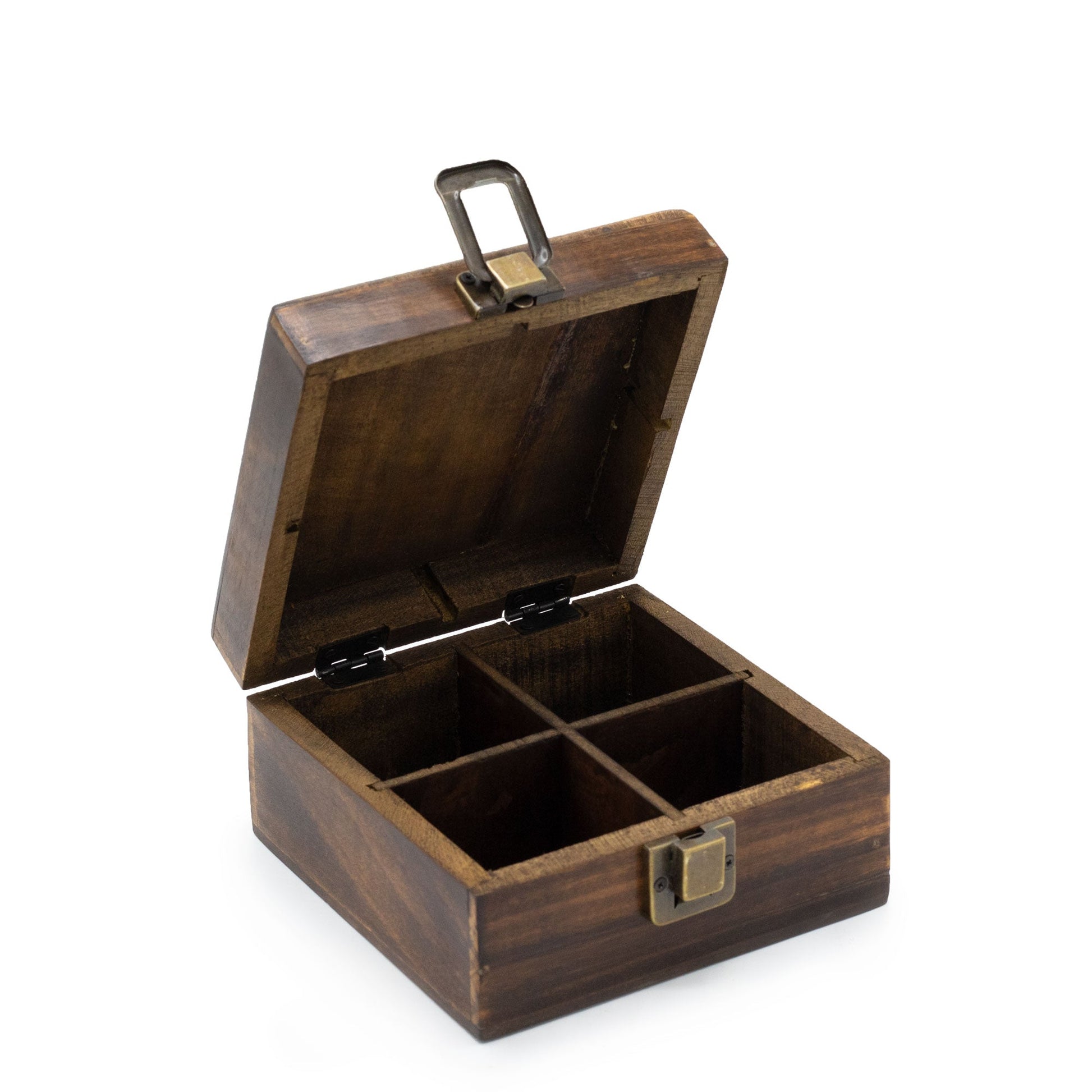 Mango Wood Vintage Style Carved Tea Box with 4 Compartments product packaging on clean background from Quintessential Holistic Health Ltd