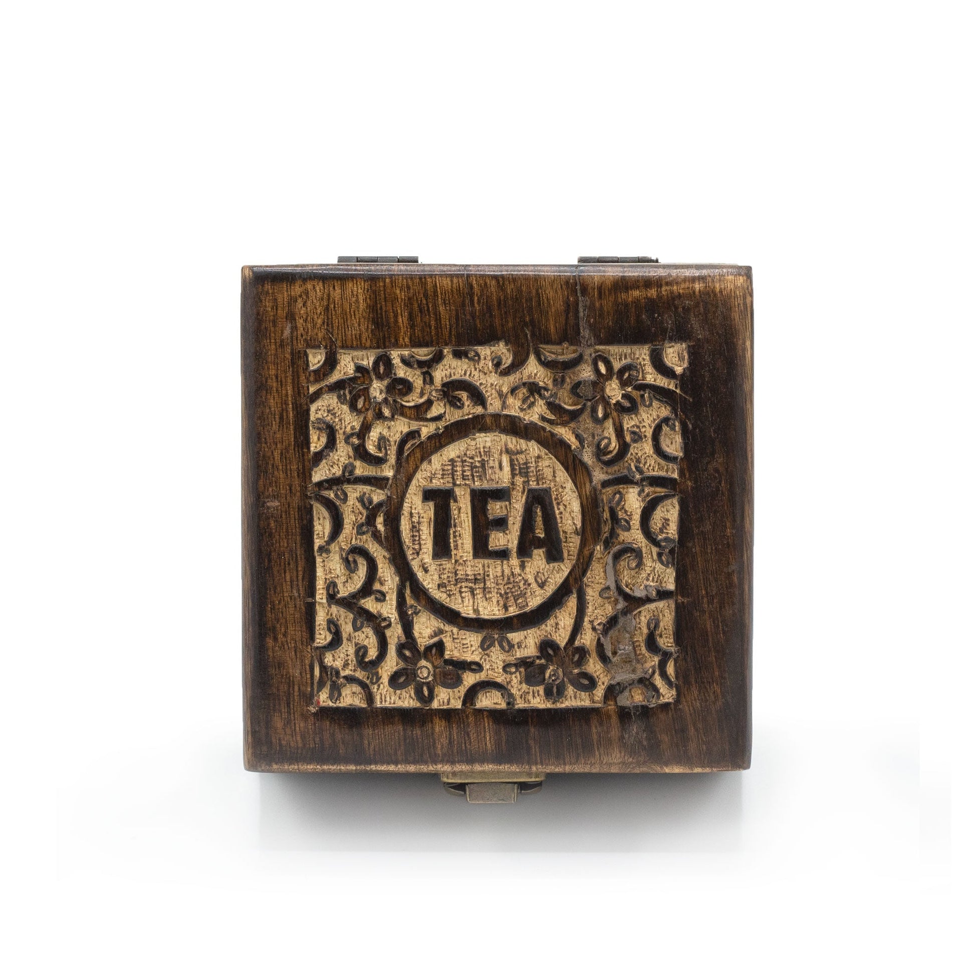 Mango Wood Vintage Style Carved Tea Box with 4 Compartments product packaging on clean background from Quintessential Holistic Health Ltd