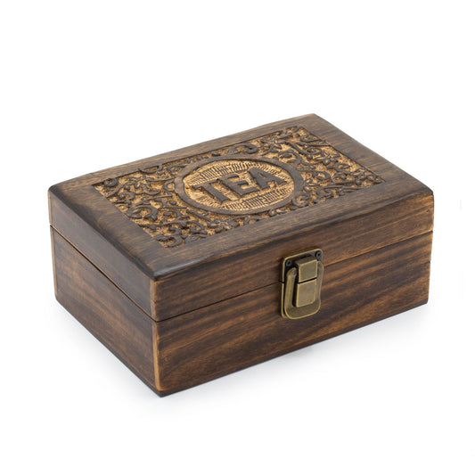 Mango Wood Vintage Style Carved Tea Box with 6 Compartments product packaging on clean background from Quintessential Holistic Health Ltd
