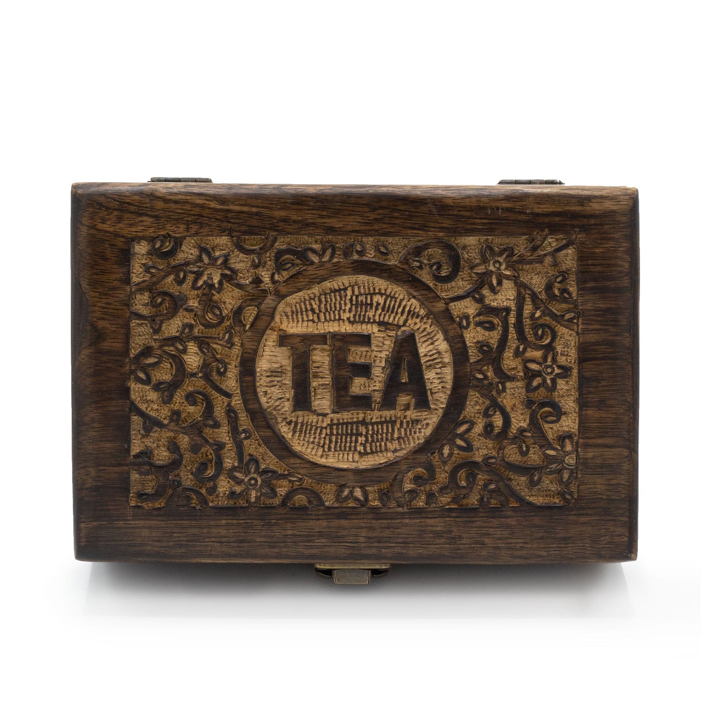 Mango Wood Vintage Style Carved Tea Box with 6 Compartments product packaging on clean background from Quintessential Holistic Health Ltd