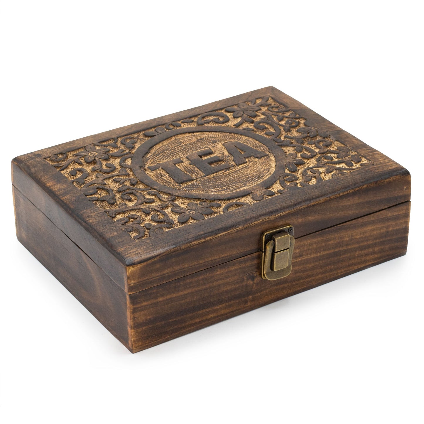 Mango Wood Vintage Style Carved Tea Box with 12 Compartments product packaging on clean background from Quintessential Holistic Health Ltd