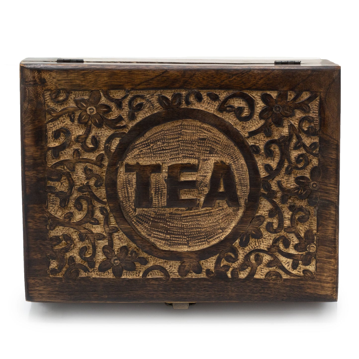 Mango Wood Vintage Style Carved Tea Box with 12 Compartments product packaging on clean background from Quintessential Holistic Health Ltd