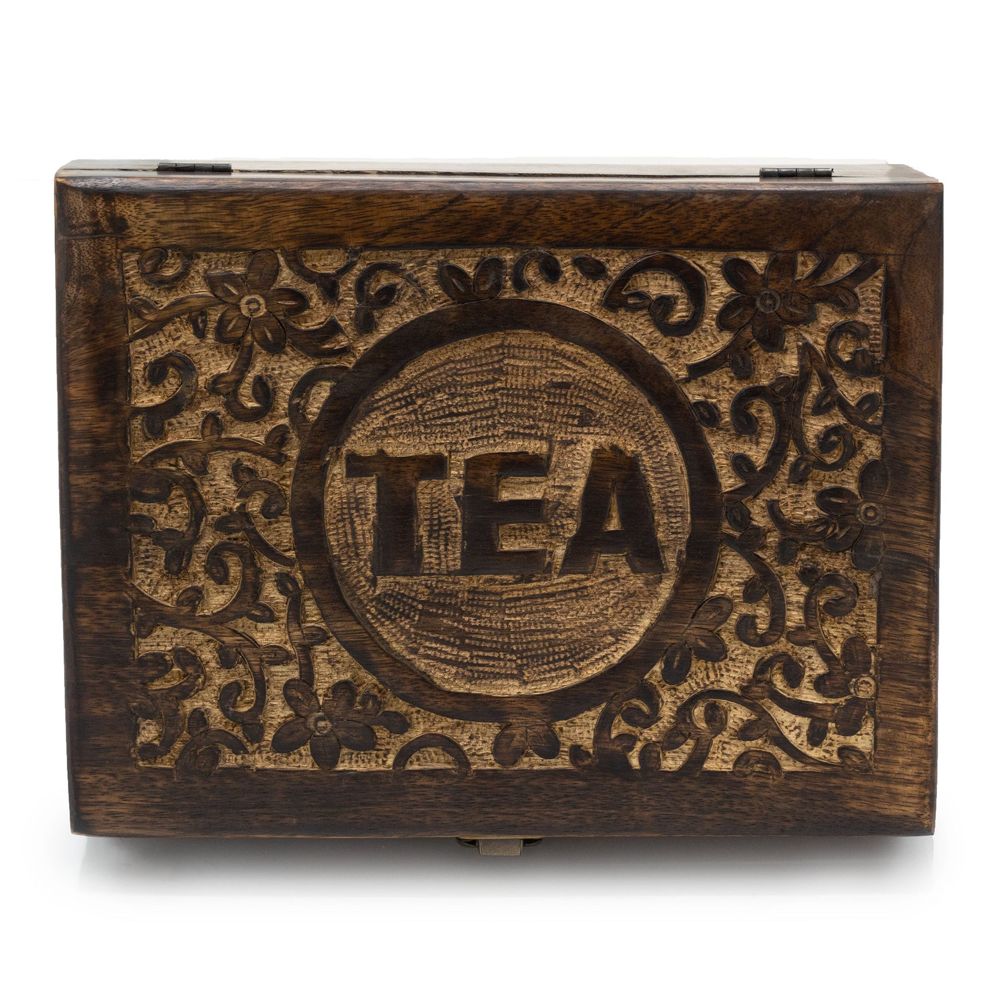 Mango Wood Vintage Style Carved Tea Box with 12 Compartments product packaging on clean background from Quintessential Holistic Health Ltd