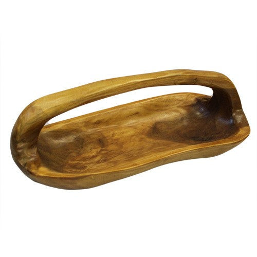 Hand-Carved Teak Root Long Bowl with Handle, an elongated brown bowl with prominent grain and a cutout grip by Quintessential Holistic Health Ltd