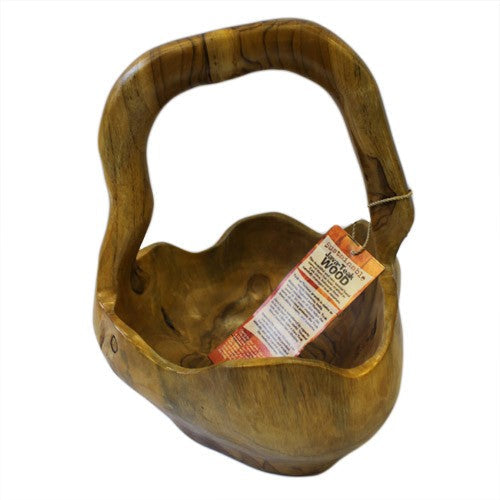 Hand-Carved Teak Root Bowl with Back Handle - Medium with an irregular bowl, natural wood grain and tall rounded back handle by Quintessential Holistic Health Ltd
