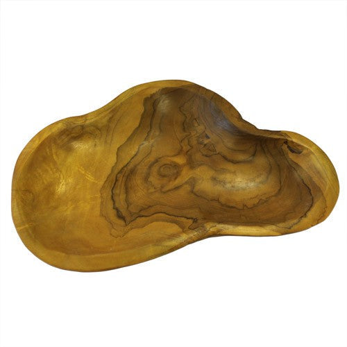 Hand-Carved Wooden Teak Root Bowl - Classic Design, shallow irregular bowl with prominent swirling grain by Quintessential Holistic Health Ltd