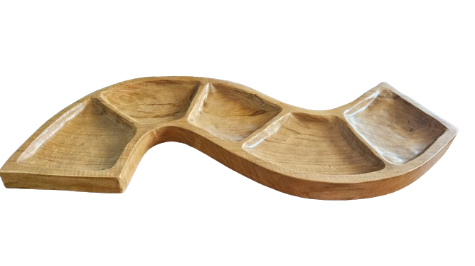 Hand-Carved Teak Root Snake-Shaped Bowl - 55cm, a curved golden-brown bowl with several irregular recessed sections and a tapered end, by Quintessential Holistic Health Ltd