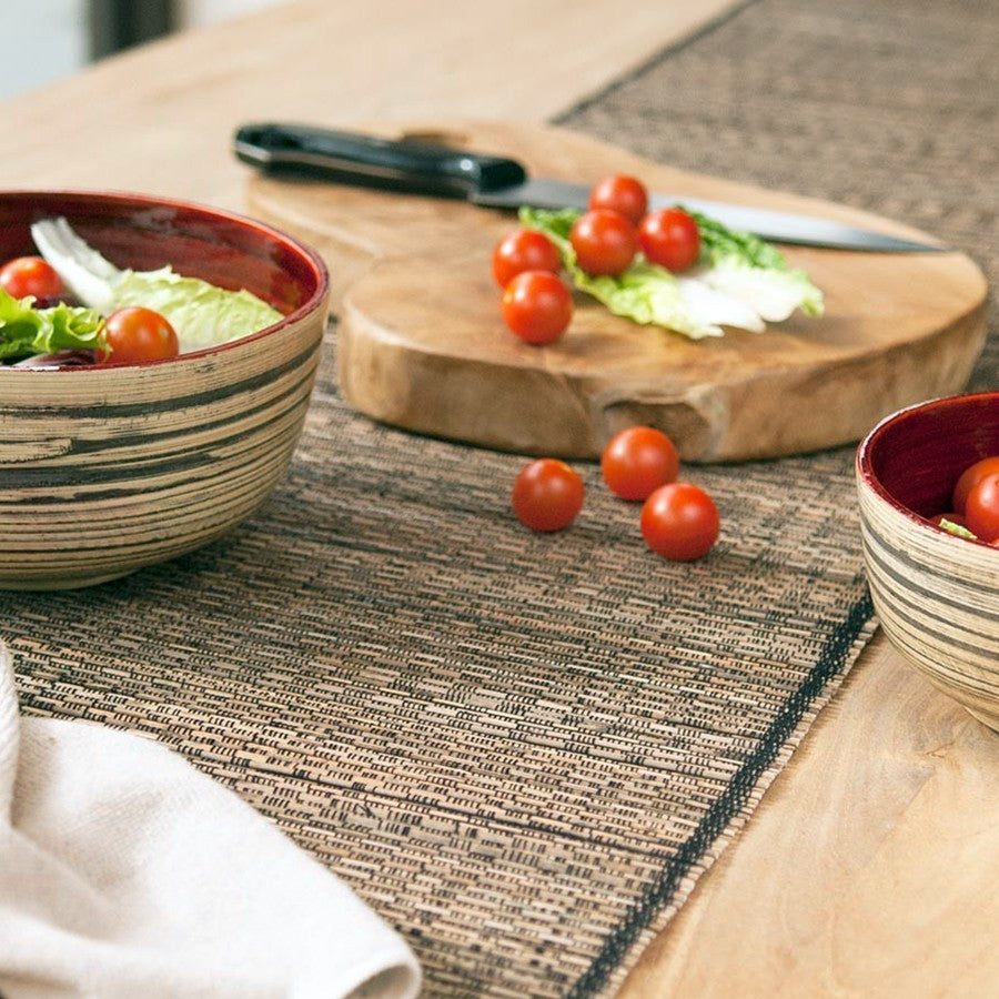 Hand-Carved Sustainable Teak Chopping Board - Medium, round-edged brown board beside tomatoes, lettuce and a knife, by Quintessential Holistic Health Ltd