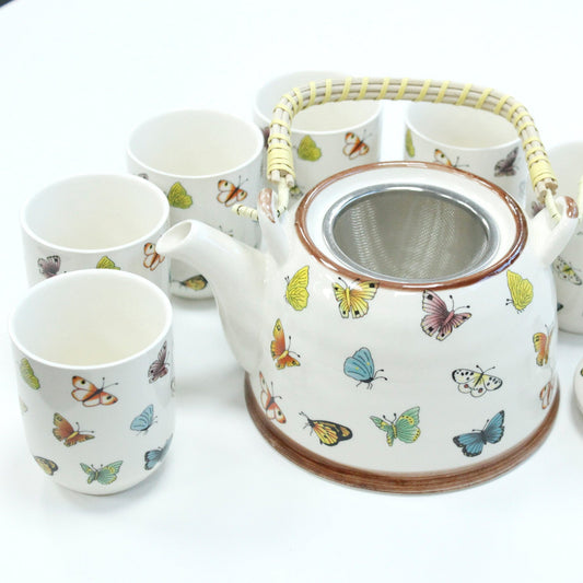 650ml Butterflies Design White Glazed Ceramic Teapot with a Strainer and a 6 Matching Cup Set product packaging on clean background from Quintessential Holistic Health Ltd