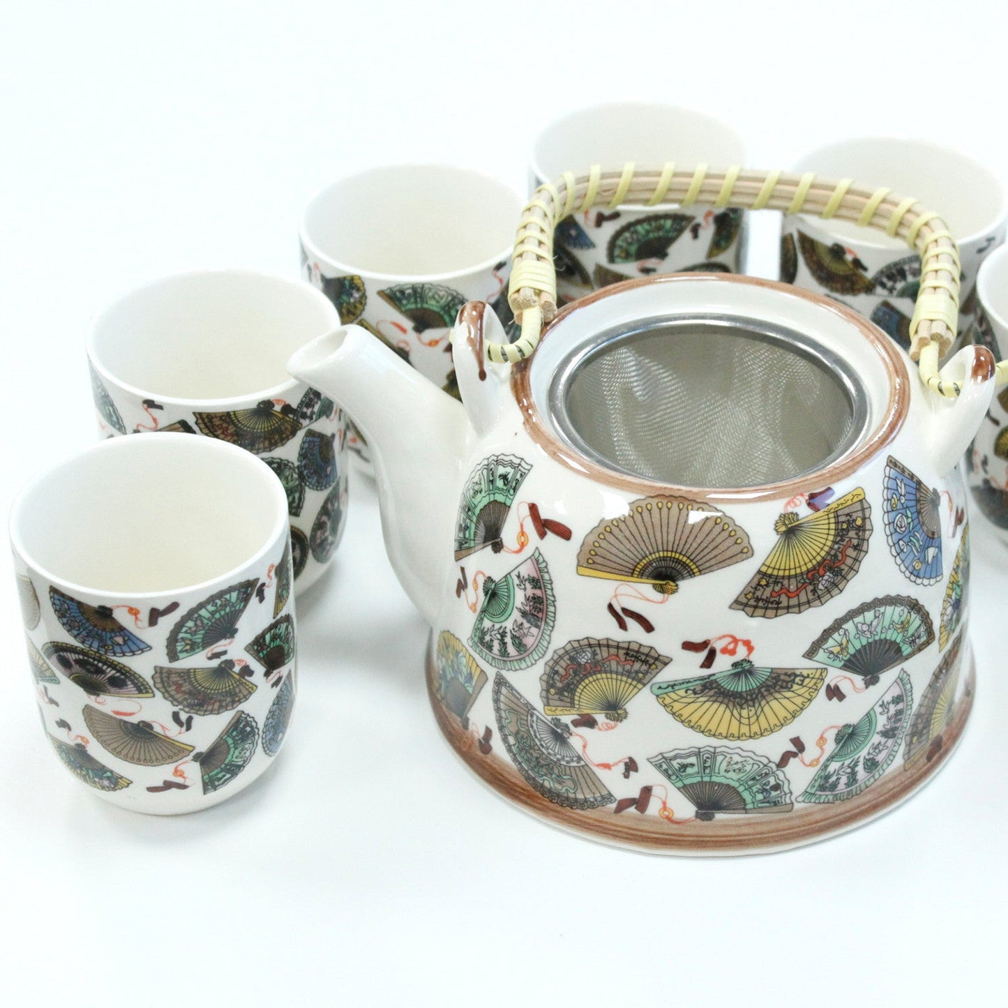 650ml Chinese Fan Design White Glazed Ceramic Teapot with a Strainer and a 6 Matching Cup Set product packaging on clean background from Quintessential Holistic Health Ltd
