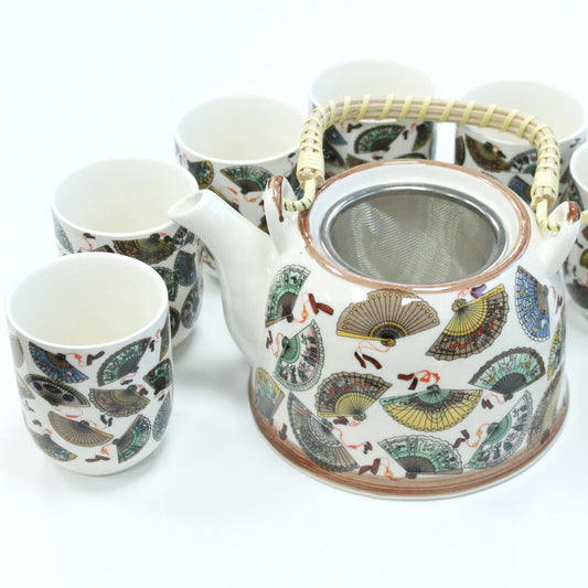650ml Chinese Fan Design White Glazed Ceramic Teapot with a Strainer and a 6 Matching Cup Set product packaging on clean background from Quintessential Holistic Health Ltd