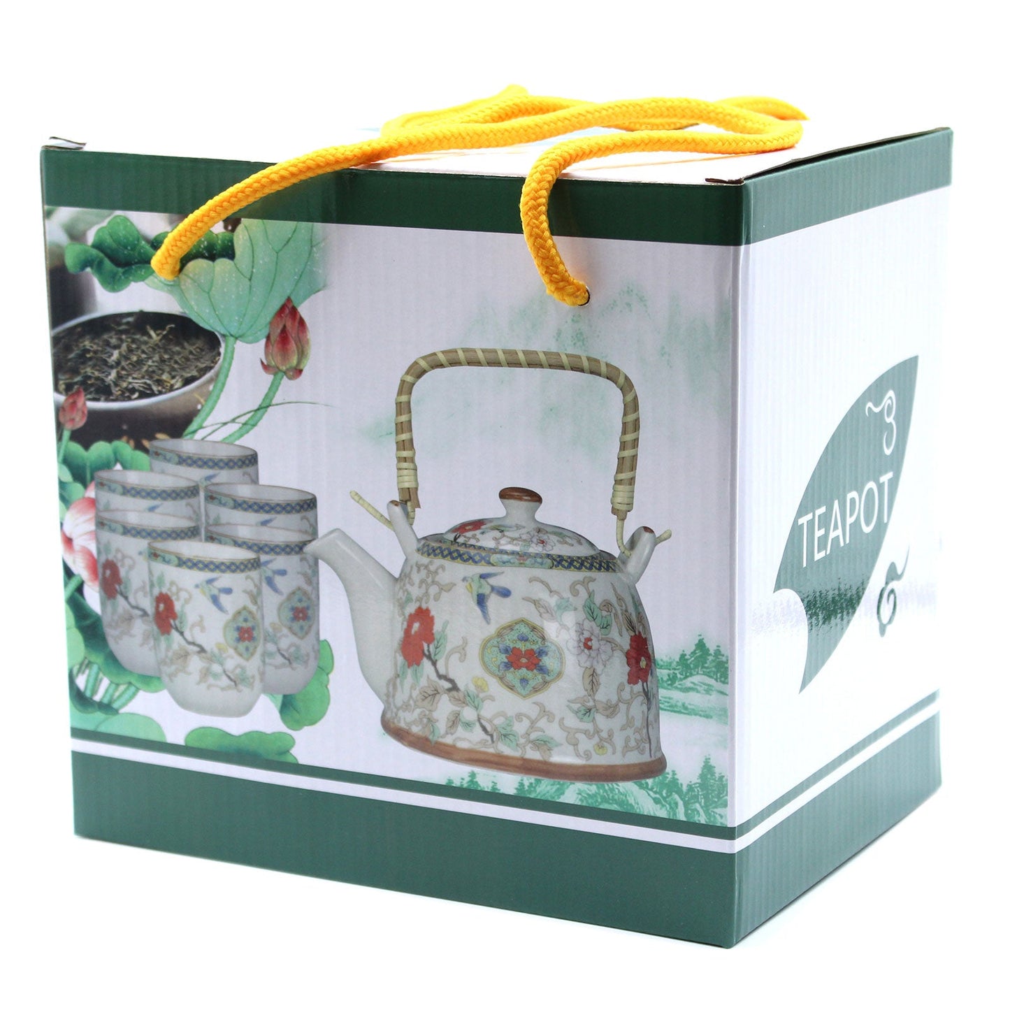 650ml Oriental Black Bamboo Design White Ceramic Teapot with a Strainer and a 6 Matching Cup Set product packaging on clean background from Quintessential Holistic Health Ltd