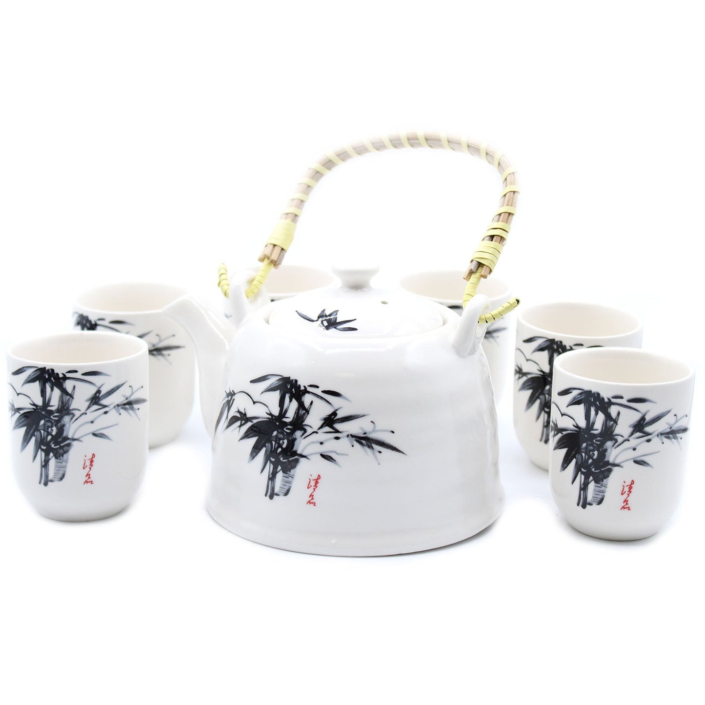 650ml Oriental Black Bamboo Design White Ceramic Teapot with a Strainer and a 6 Matching Cup Set product packaging on clean background from Quintessential Holistic Health Ltd