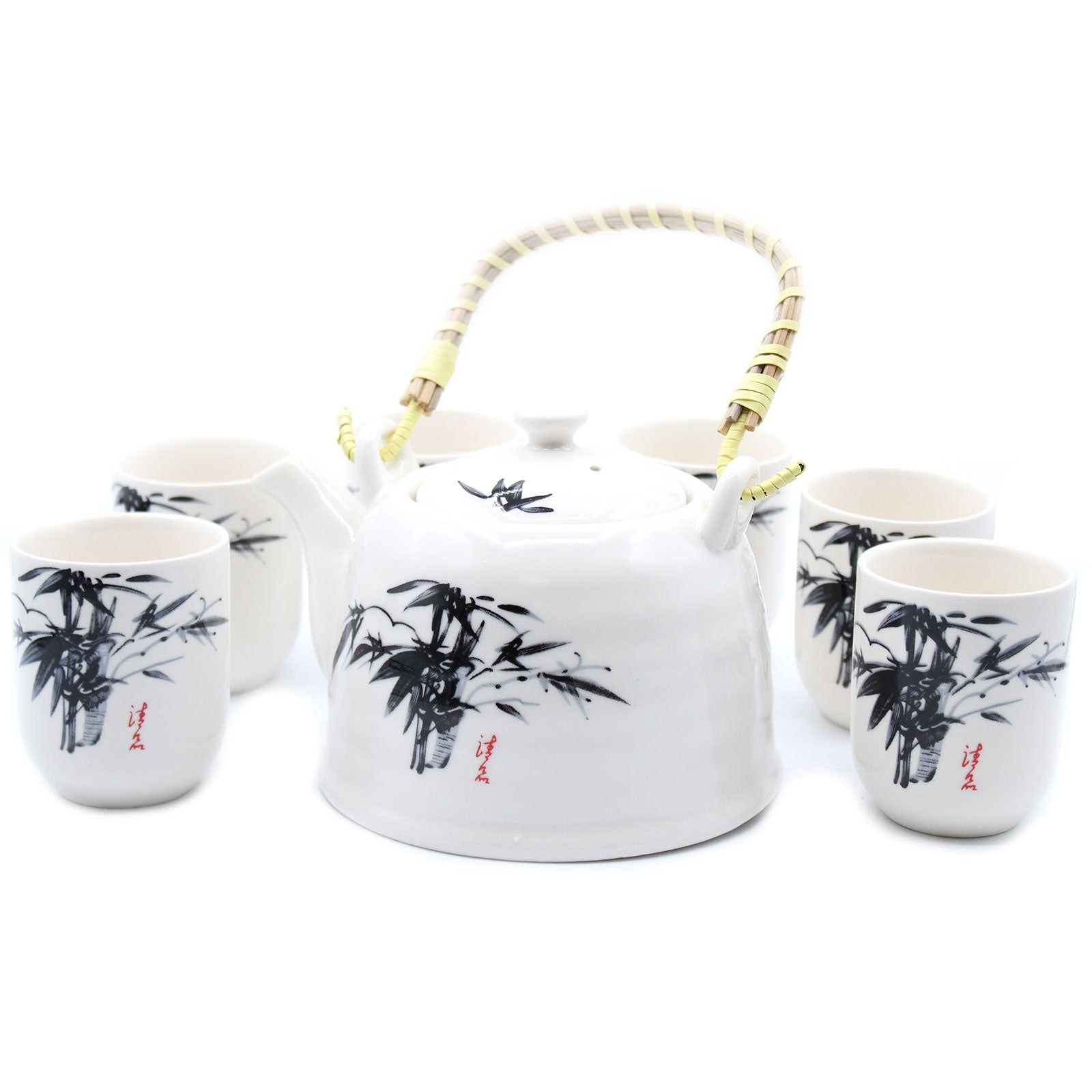 650ml Oriental Black Bamboo Design White Ceramic Teapot with a Strainer and a 6 Matching Cup Set product packaging on clean background from Quintessential Holistic Health Ltd
