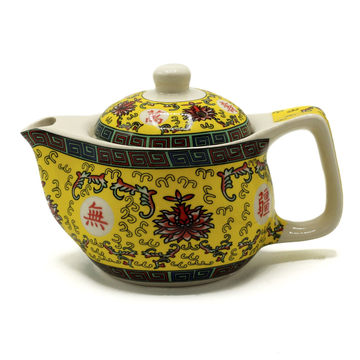 350ml Small Ceramic Long Life Yellow Oriental Design Herbal Teapot and Strainer product packaging on clean background from Quintessential Holistic Health Ltd