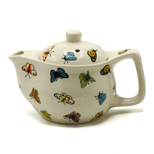 350ml Small Ceramic Butterfly Design Herbal Teapot and Strainer product packaging on clean background from Quintessential Holistic Health Ltd
