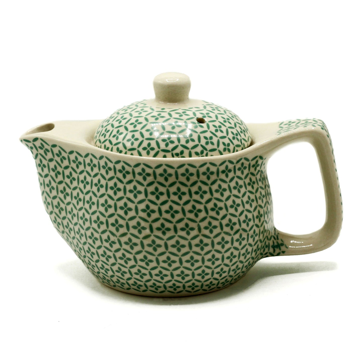 350ml Small Ceramic Green Mosaic Design Herbal Teapot and Strainer product packaging on clean background from Quintessential Holistic Health Ltd