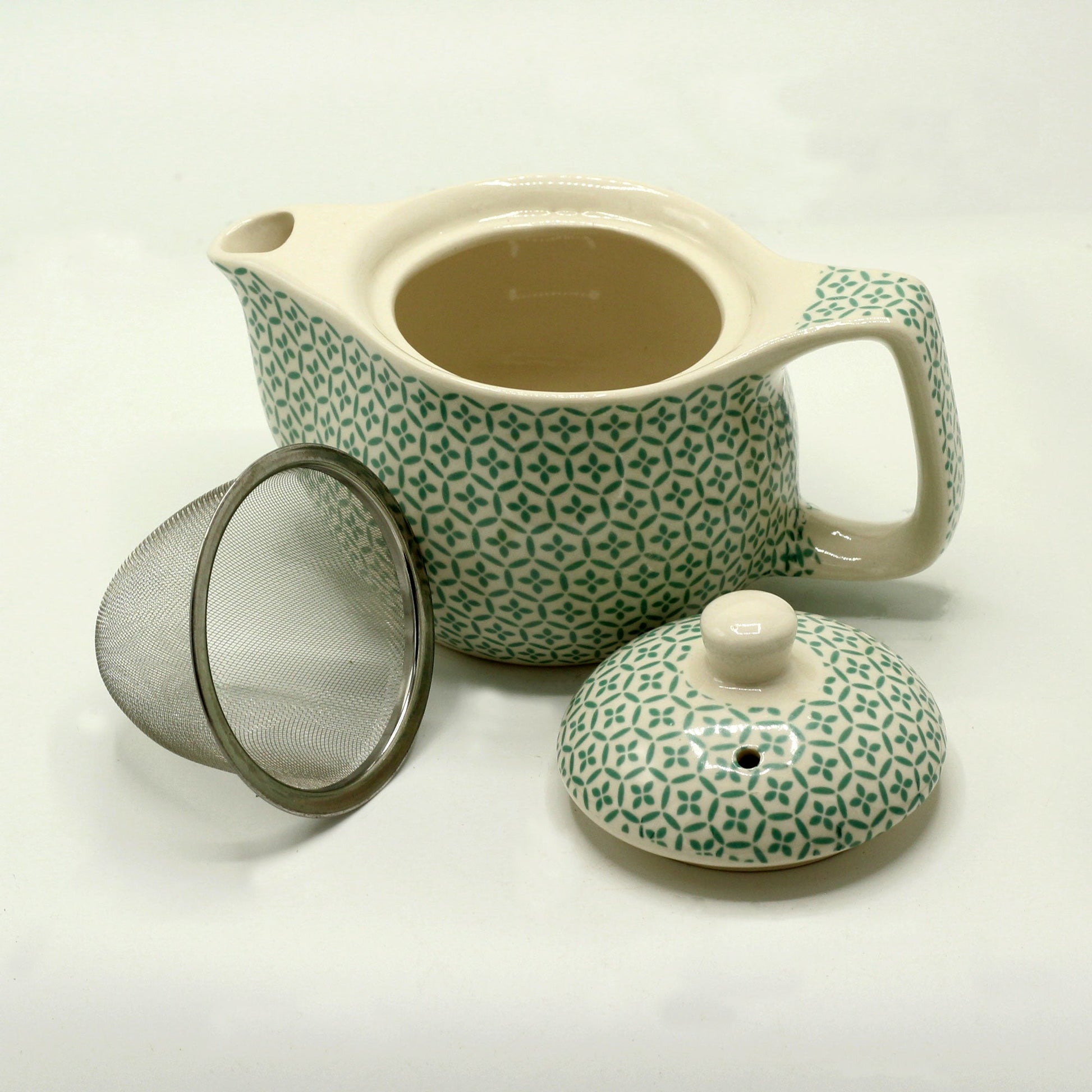350ml Small Ceramic Green Mosaic Design Herbal Teapot and Strainer product packaging on clean background from Quintessential Holistic Health Ltd