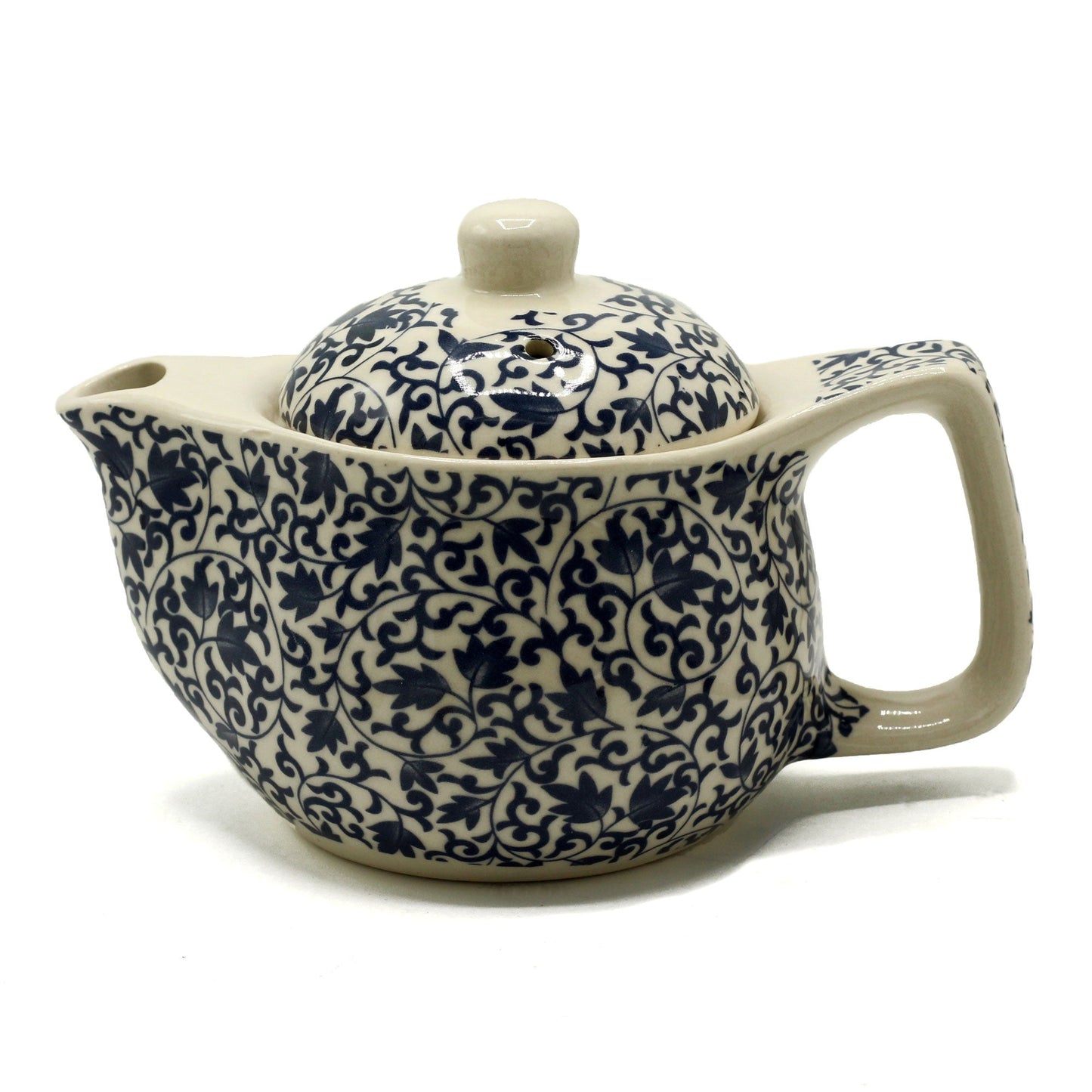 350ml Small Ceramic Blue Patterned Design Herbal Teapot and Strainer product packaging on clean background from Quintessential Holistic Health Ltd