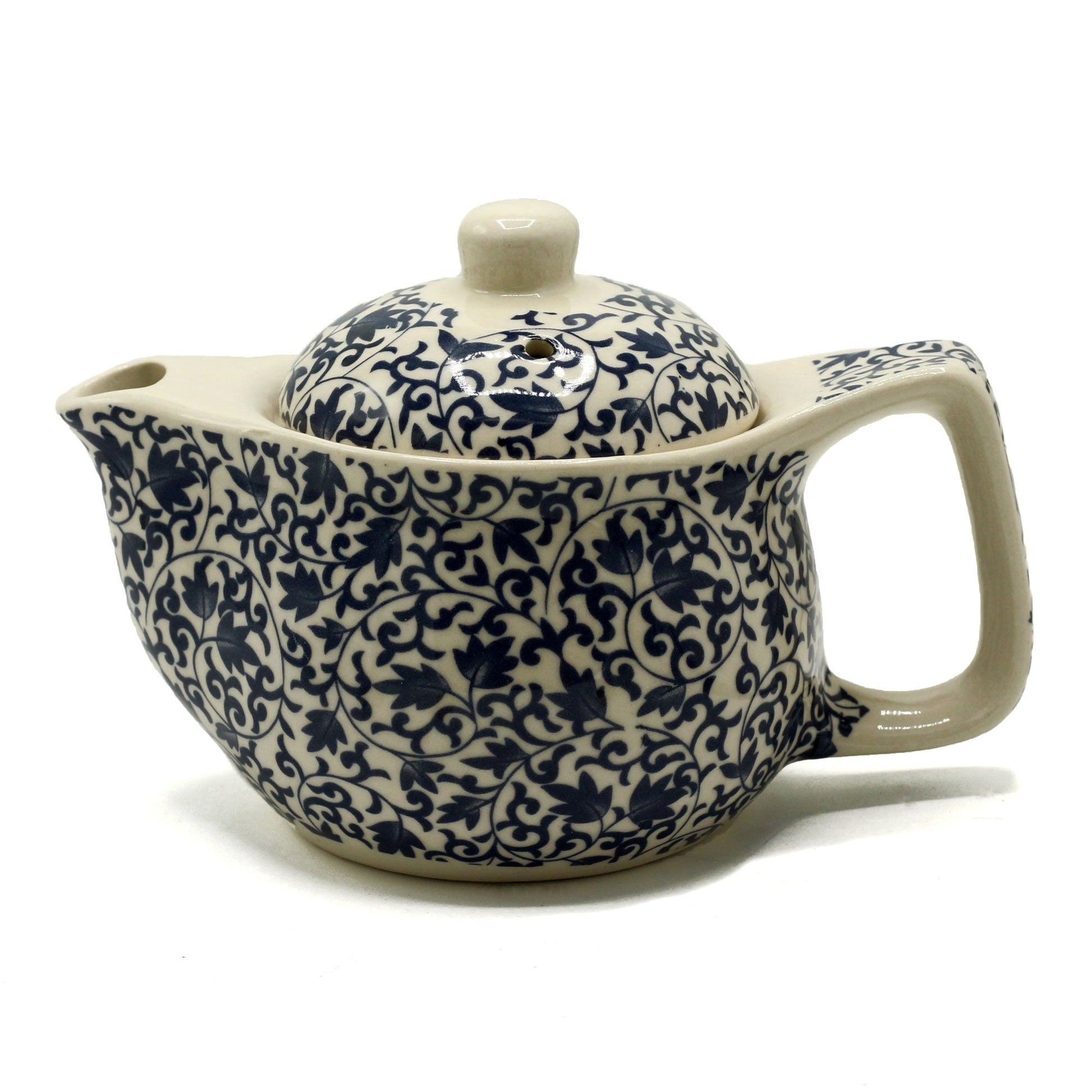 350ml Small Ceramic Blue Patterned Design Herbal Teapot and Strainer product packaging on clean background from Quintessential Holistic Health Ltd