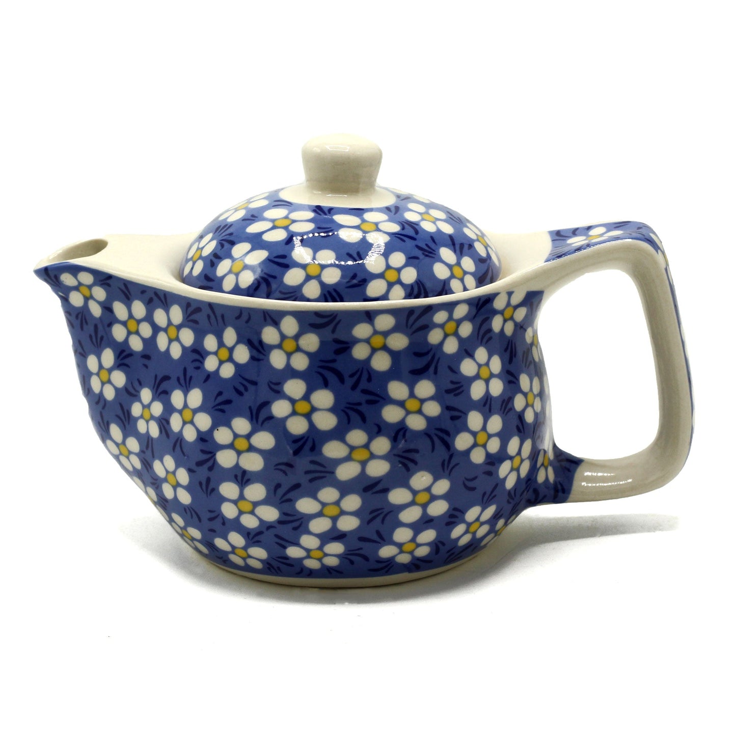 350ml Small Ceramic Blue Daisy Design Herbal Teapot and Strainer product packaging on clean background from Quintessential Holistic Health Ltd