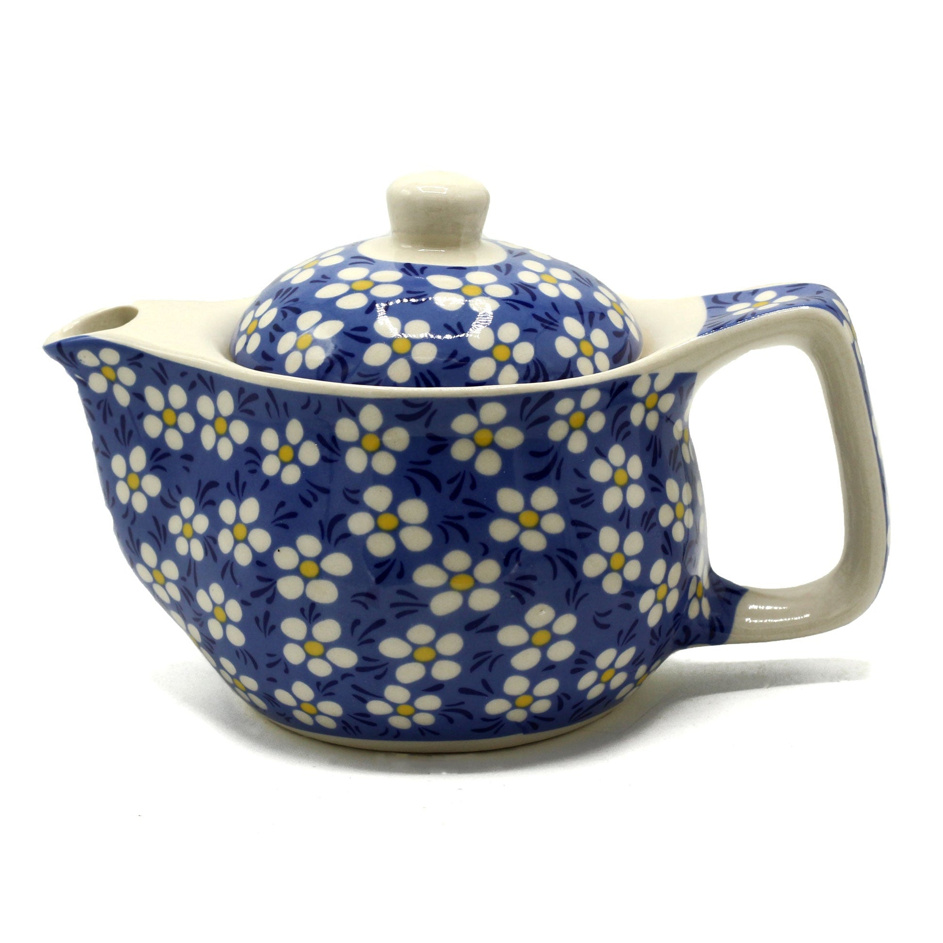 350ml Small Ceramic Blue Daisy Design Herbal Teapot and Strainer product packaging on clean background from Quintessential Holistic Health Ltd