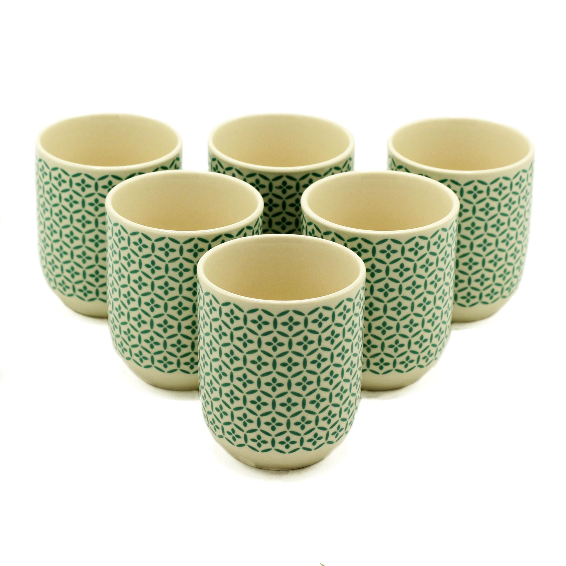 6 x Ceramic Green Mosaic Design Herbal Tea Cups product packaging on clean background from Quintessential Holistic Health Ltd