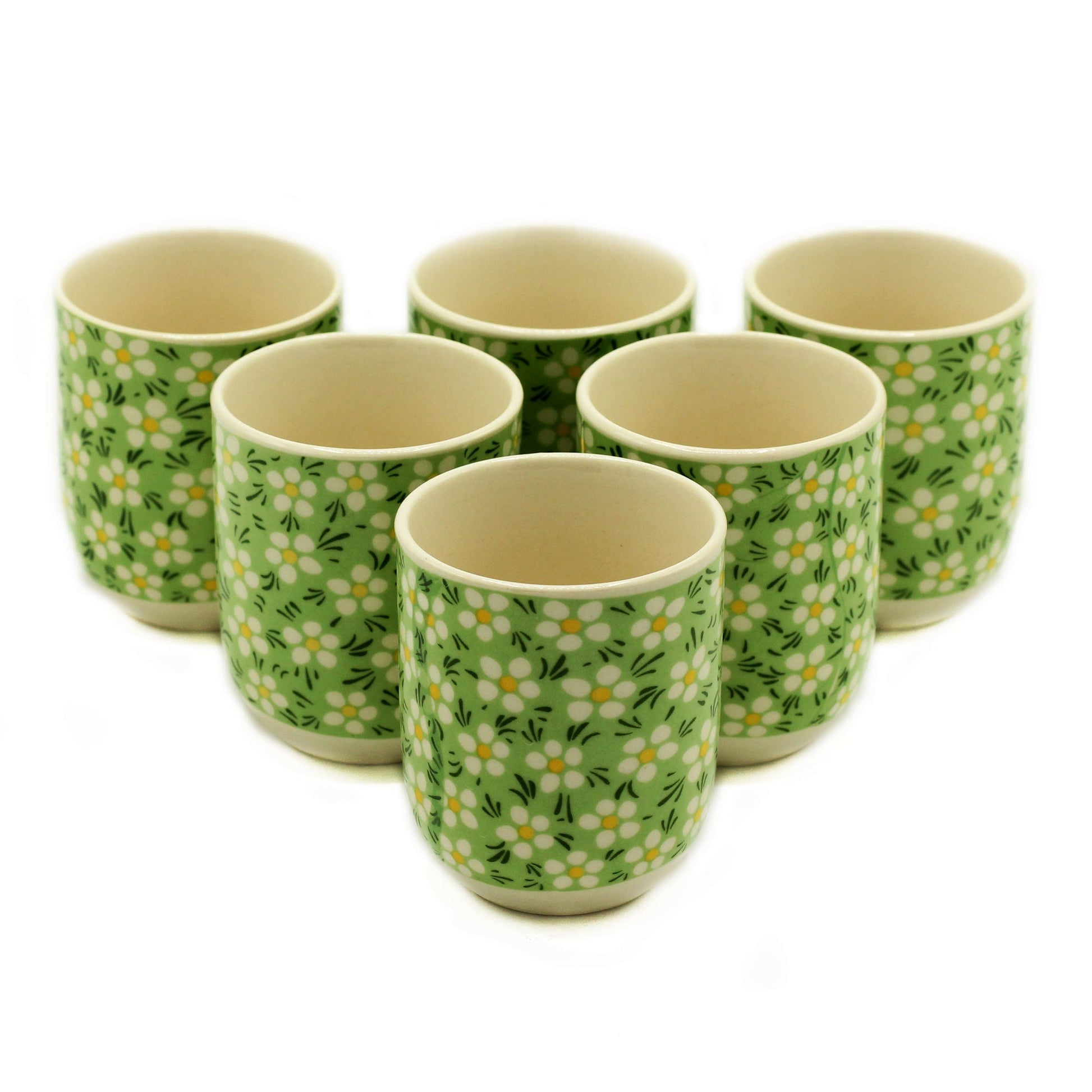 6 x Ceramic Green Daisy Design Herbal Tea Cups product packaging on clean background from Quintessential Holistic Health Ltd