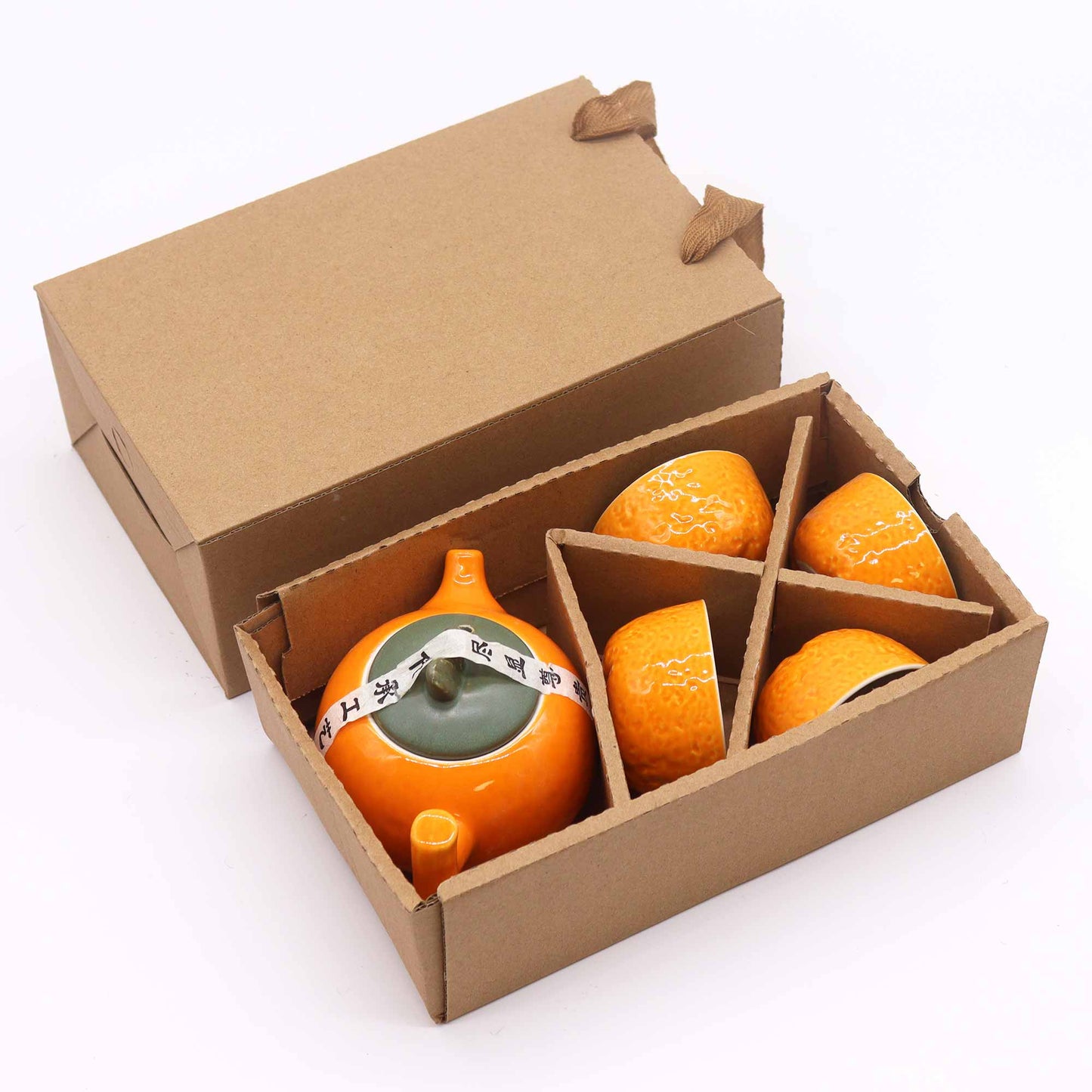 200ml Small Glazed Orange Ceramic Herbal Teapot with a 4 Matching Cup Set product packaging on clean background from Quintessential Holistic Health Ltd