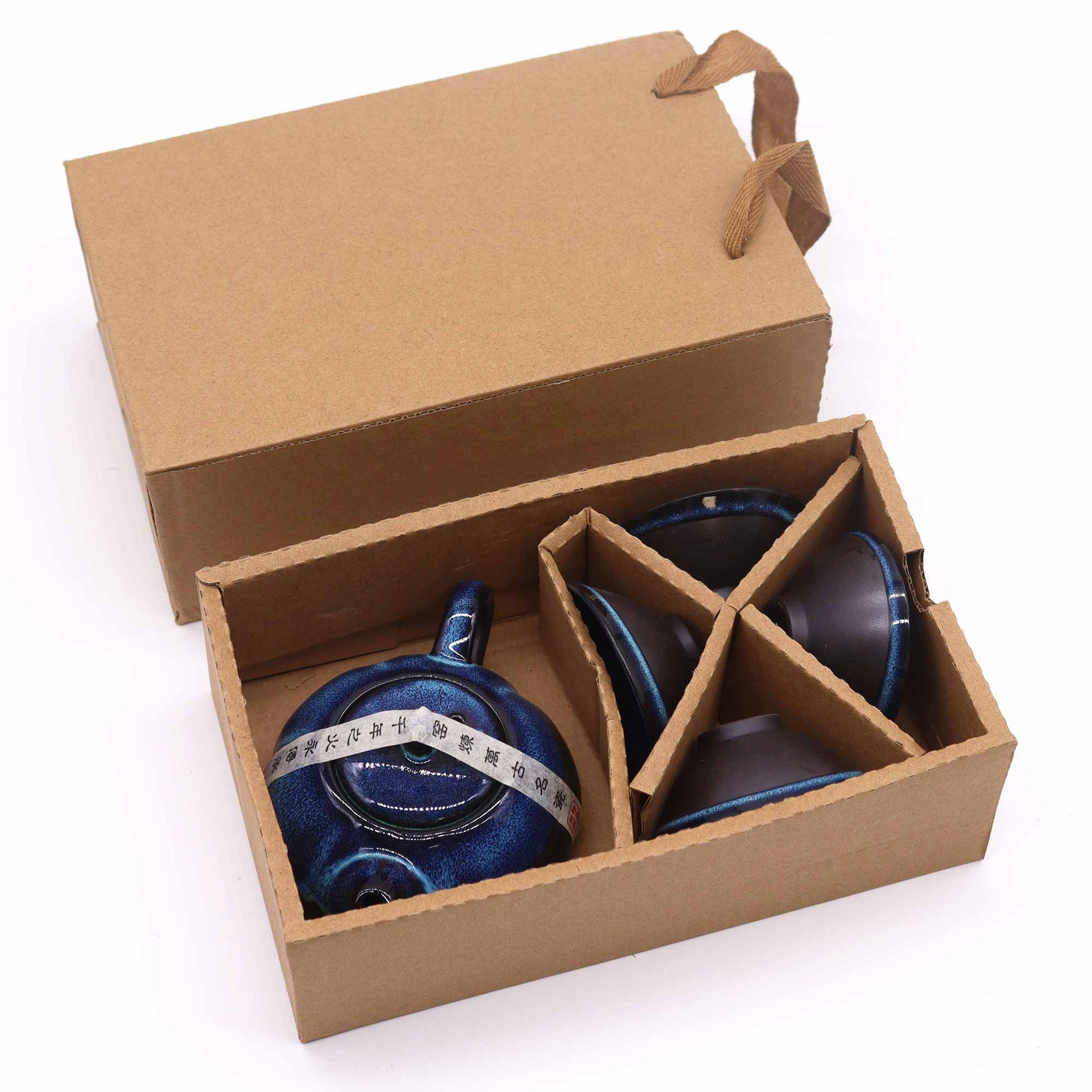 200ml Small Blue Glazed Ceramic Herbal Teapot with a 4 Matching Cup Set product packaging on clean background from Quintessential Holistic Health Ltd