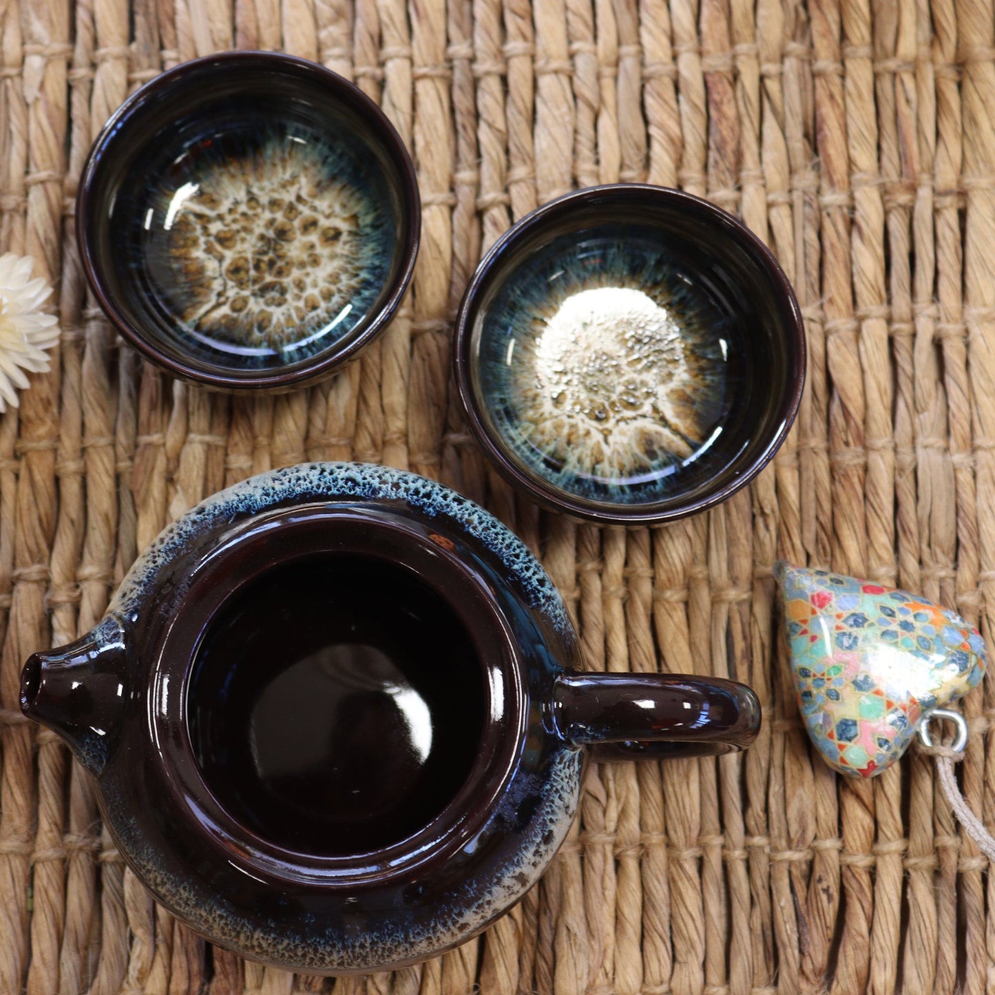 200ml Small Black Glazed Ceramic Herbal Teapot with a 2 Matching Cup Set product packaging on clean background from Quintessential Holistic Health Ltd