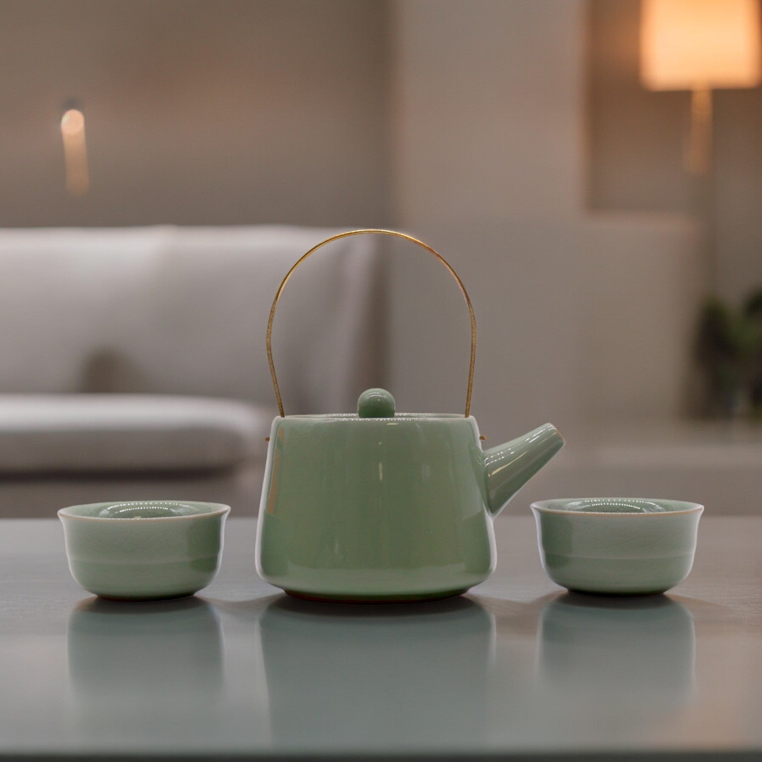 200ml Ceramic Jade Herbal Teapot with a 2 Matching Cups product packaging on clean background from Quintessential Holistic Health Ltd