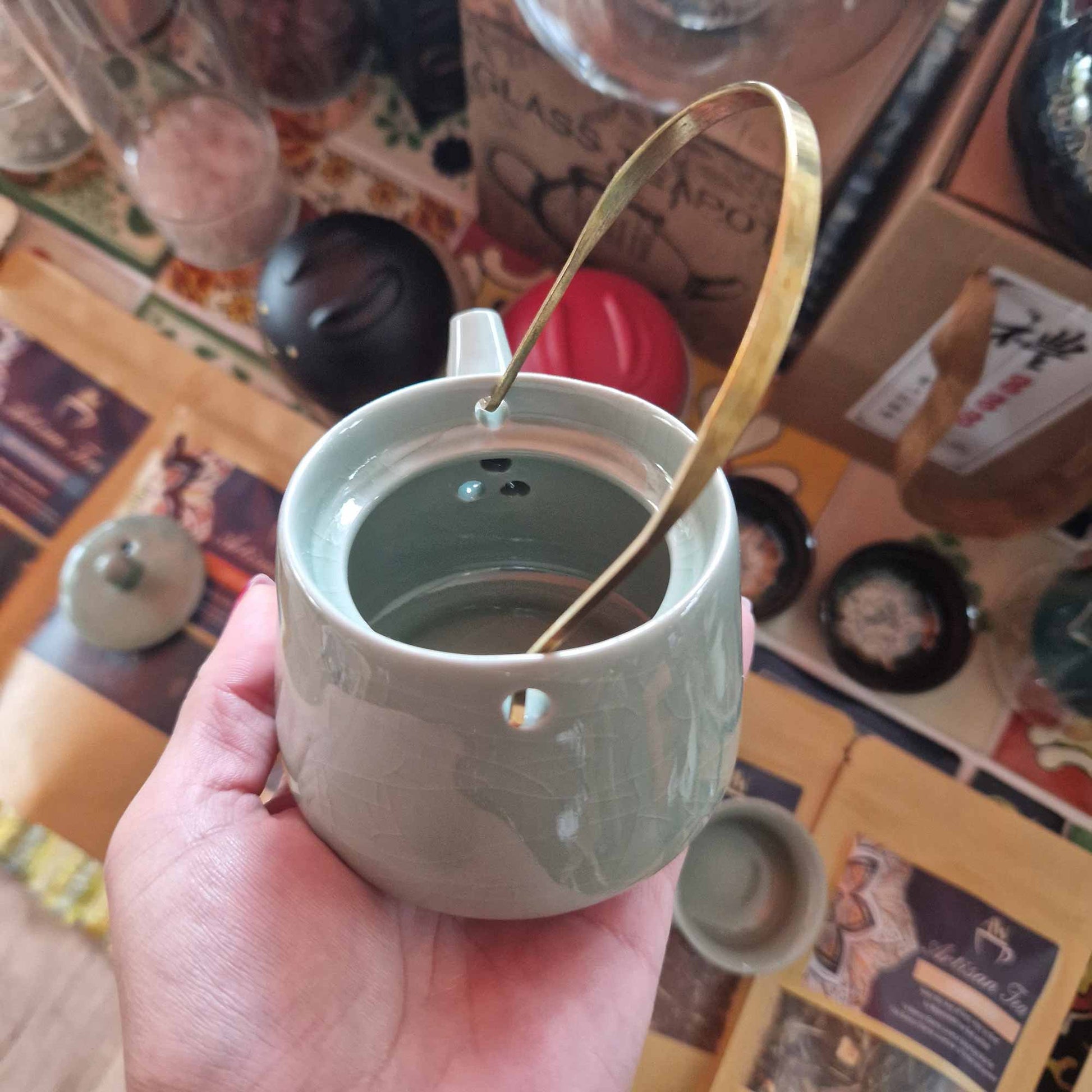200ml Ceramic Jade Herbal Teapot with a 2 Matching Cups product packaging on clean background from Quintessential Holistic Health Ltd