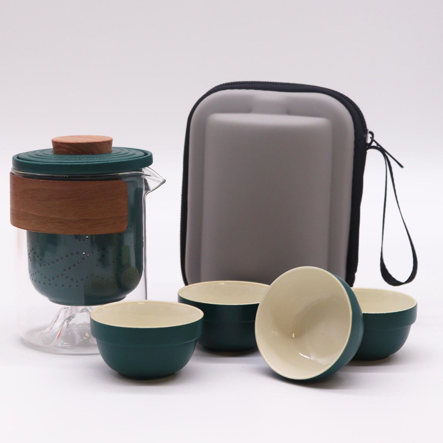 300ml Small Mountain Travel Ceramic Teapot with an Infuser a 4 Cup Set and a Travel Case product packaging on clean background from Quintessential Holistic Health Ltd
