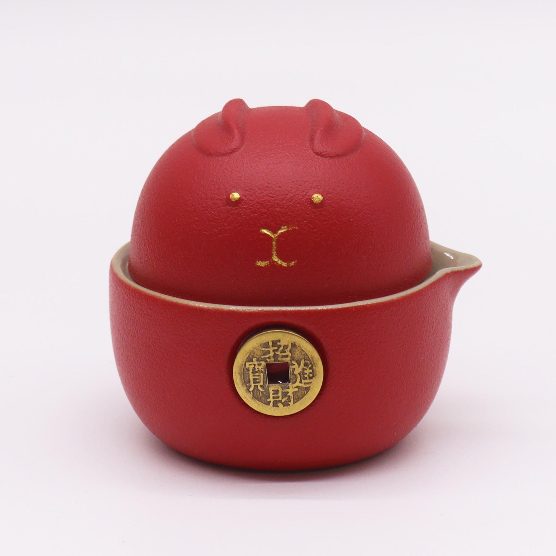 200ml Small Red Money Cat Ceramic Teapot with a 2 Matching Cup Set and Travel Case product packaging on clean background from Quintessential Holistic Health Ltd
