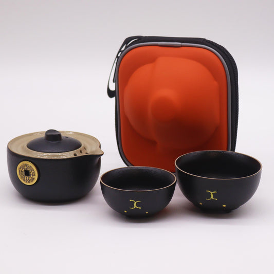 200ml Small Black Money Cat Ceramic Teapot with a 2 Matching Cup Set and Travel Case product packaging on clean background from Quintessential Holistic Health Ltd