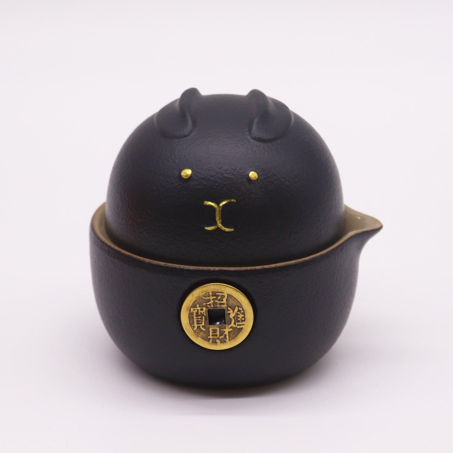 200ml Small Black Money Cat Ceramic Teapot with a 2 Matching Cup Set and Travel Case product packaging on clean background from Quintessential Holistic Health Ltd