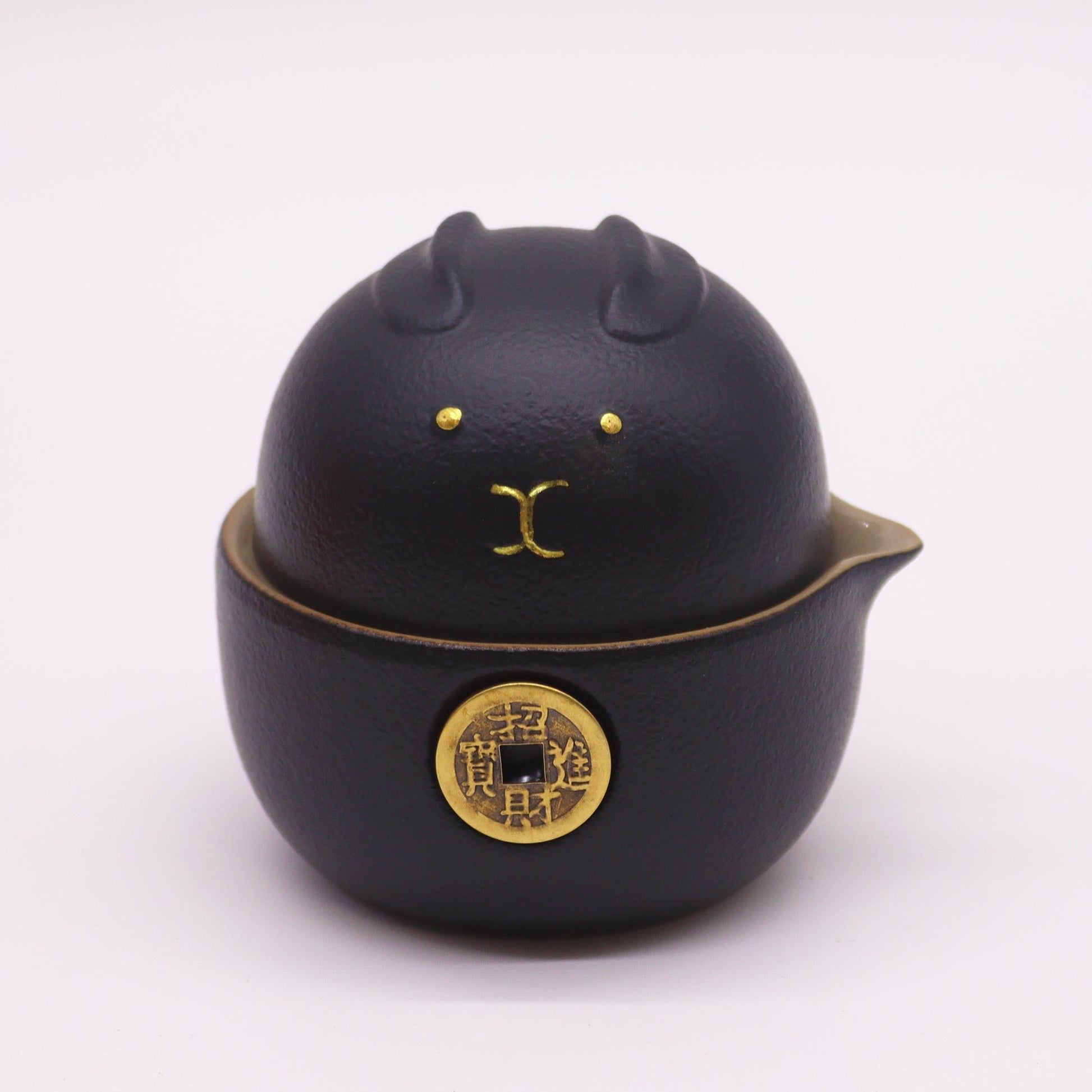 200ml Small Black Money Cat Ceramic Teapot with a 2 Matching Cup Set and Travel Case product packaging on clean background from Quintessential Holistic Health Ltd
