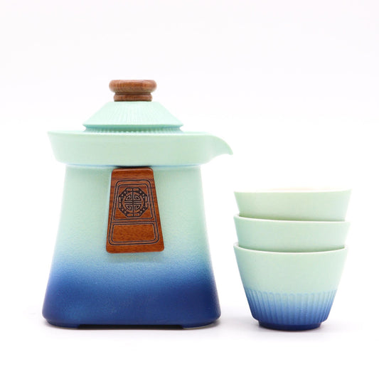 Ceramic Temple Teapot and Matching Three Cup Set with Carry Case - Blue Heaven product packaging on clean background from Quintessential Holistic Health Ltd