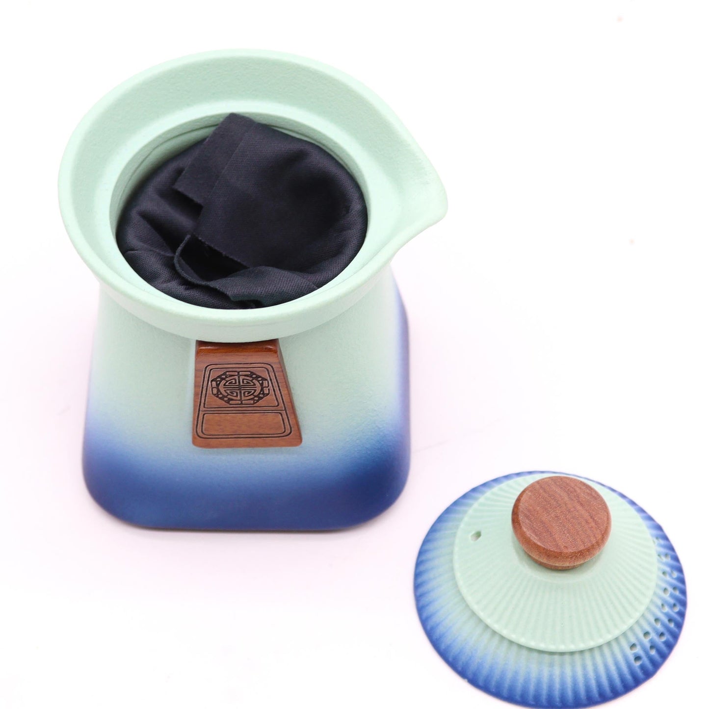 Ceramic Temple Teapot and Matching Three Cup Set with Carry Case - Blue Heaven product packaging on clean background from Quintessential Holistic Health Ltd