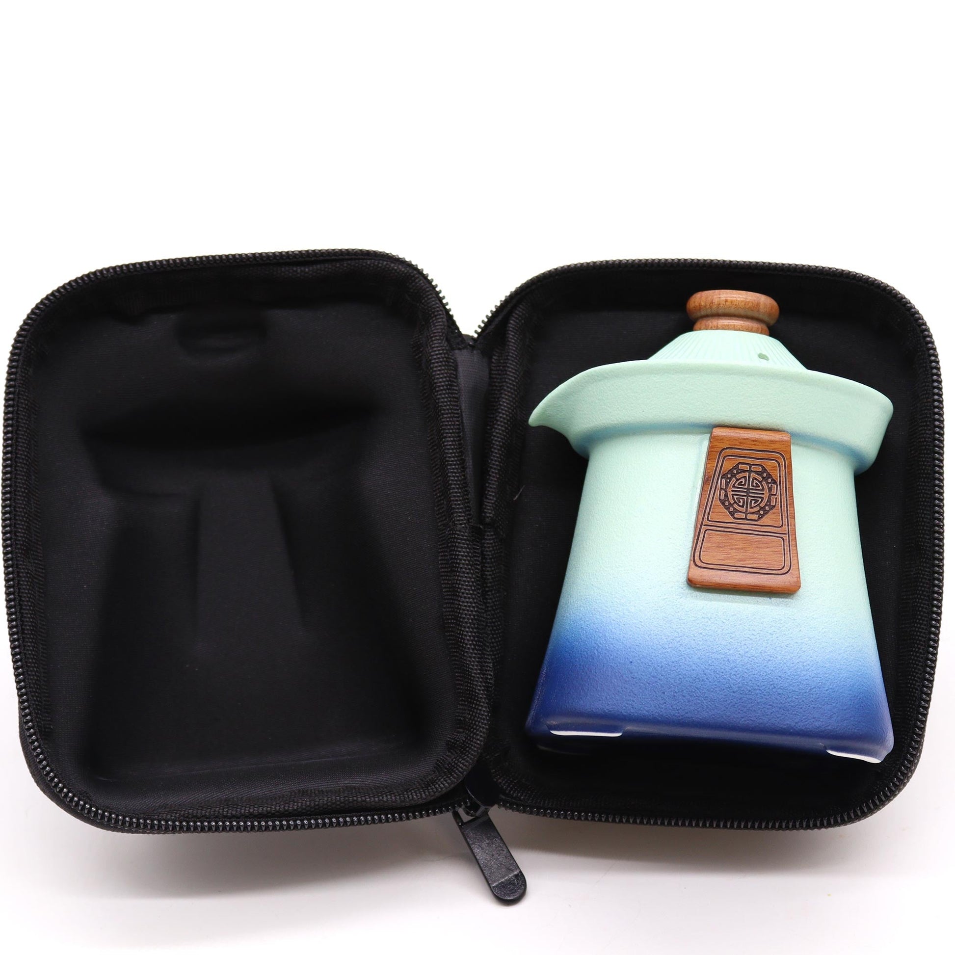 Ceramic Temple Teapot and Matching Three Cup Set with Carry Case - Blue Heaven product packaging on clean background from Quintessential Holistic Health Ltd