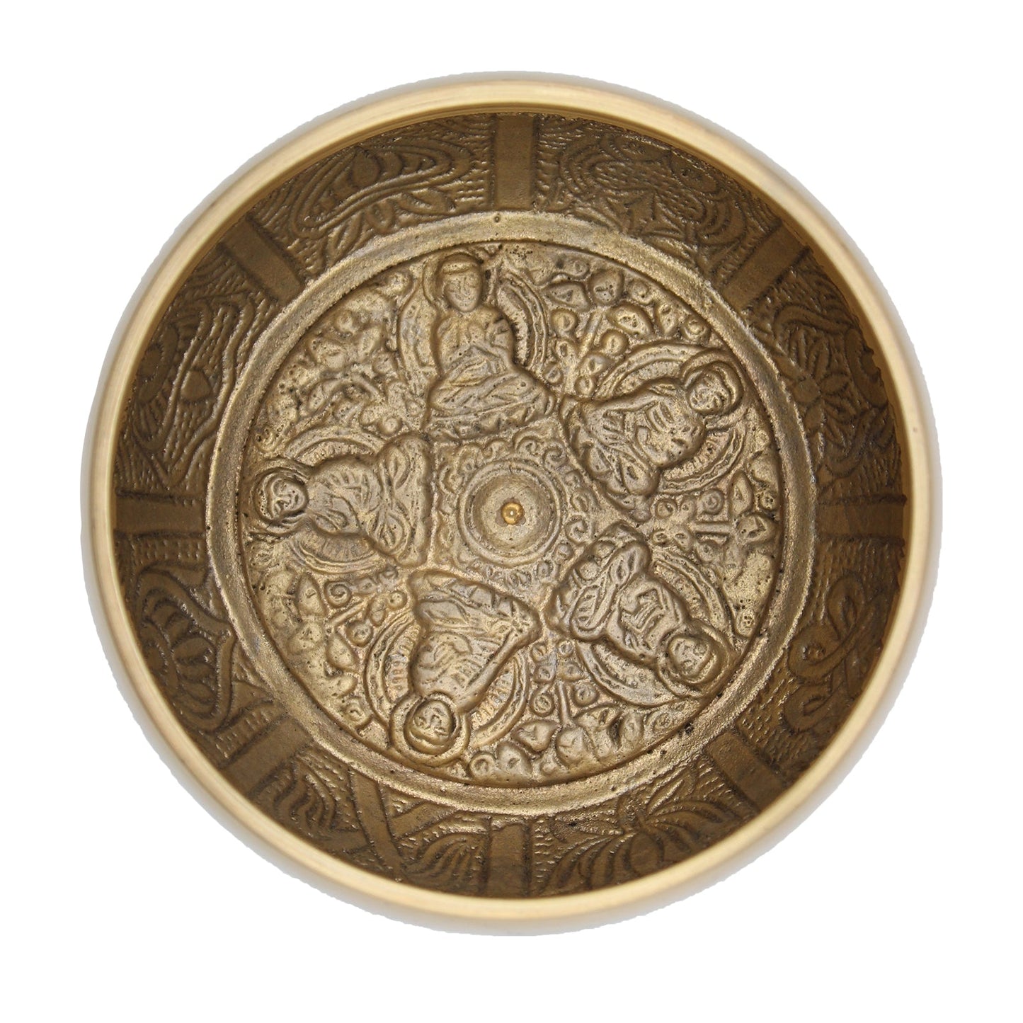 11cm Handcrafted Brass Singing Bowl - Five Buddha product packaging on clean background from Quintessential Holistic Health Ltd