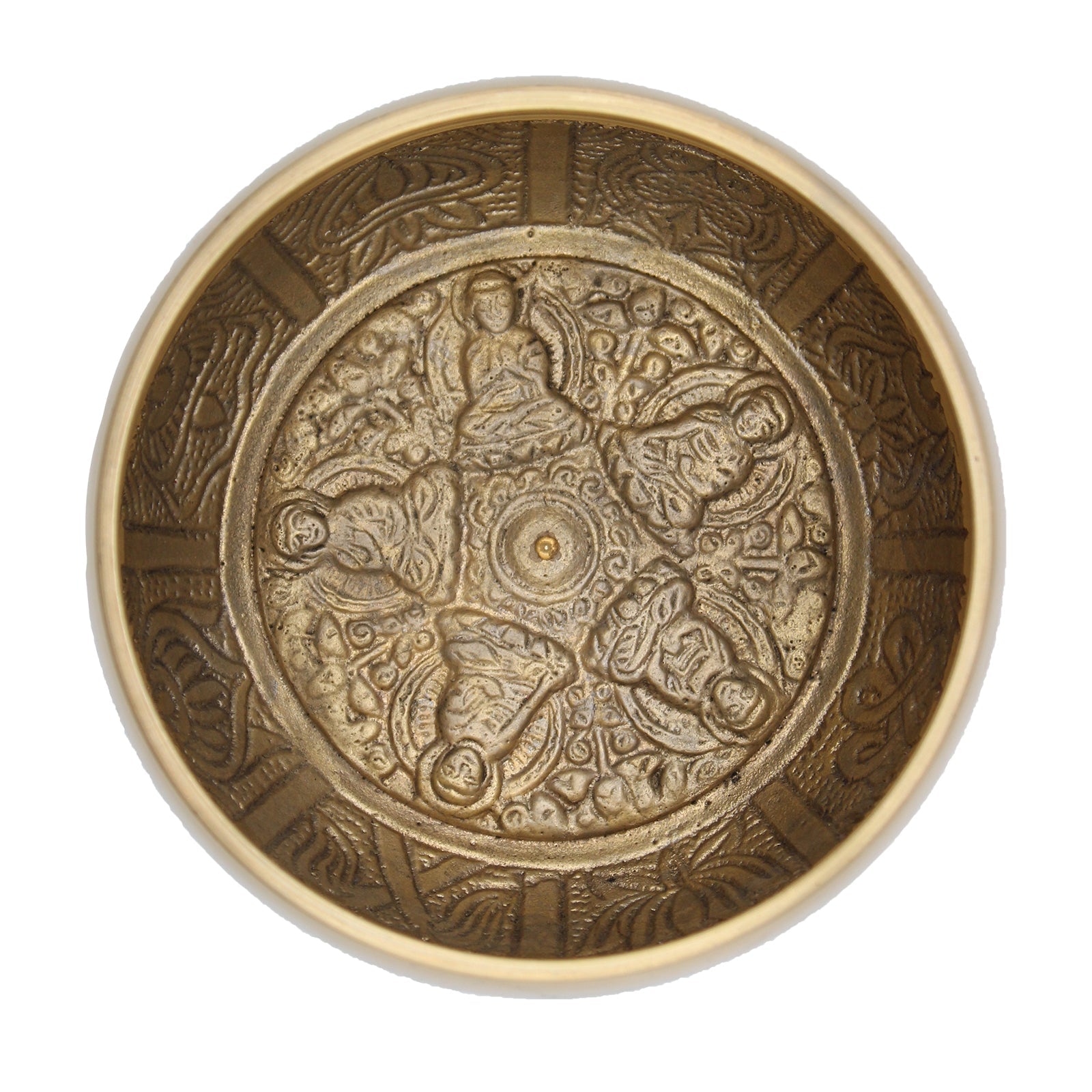 11cm Handcrafted Brass Singing Bowl - Five Buddha product packaging on clean background from Quintessential Holistic Health Ltd