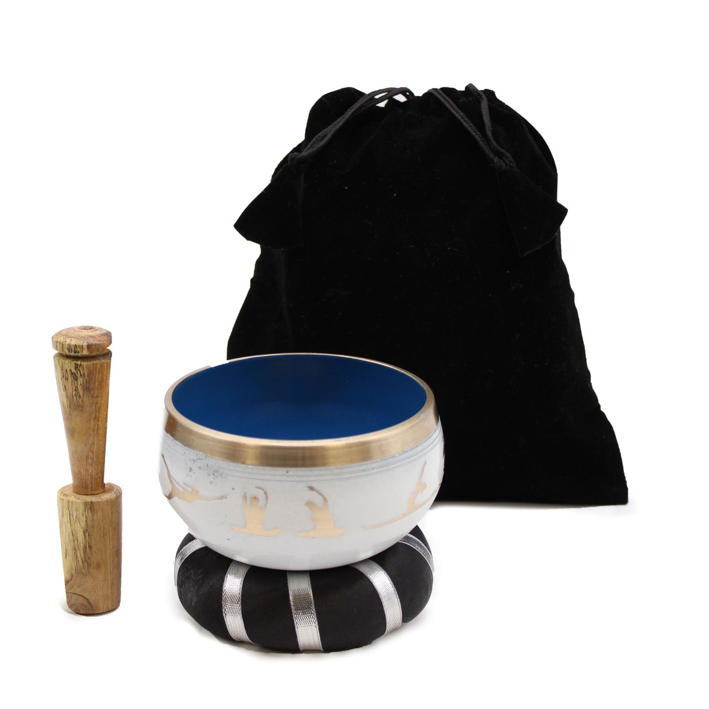 10.7cm Brass Singing Bowl Set - Yoga Poses / White and Blue product packaging on clean background from Quintessential Holistic Health Ltd
